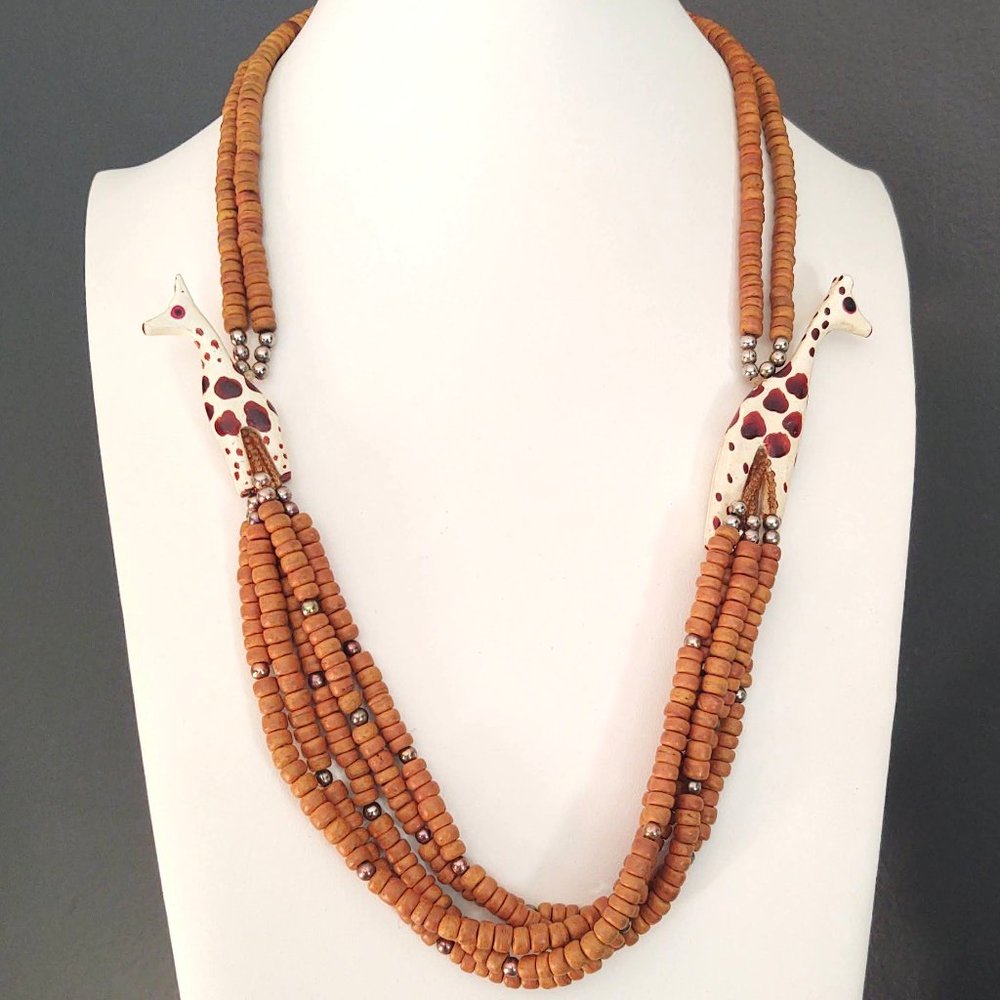Wooden multi strand necklace with painted wooden Giraffe's